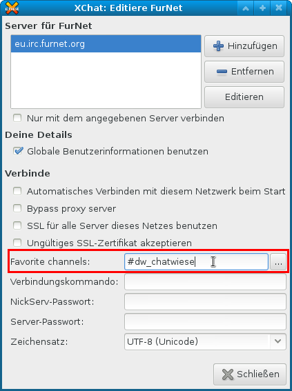 [Bild: Zum automatischen betreten eines Channels diesen
                als Favorit eintragen. Hier: #dw_chatwiese]